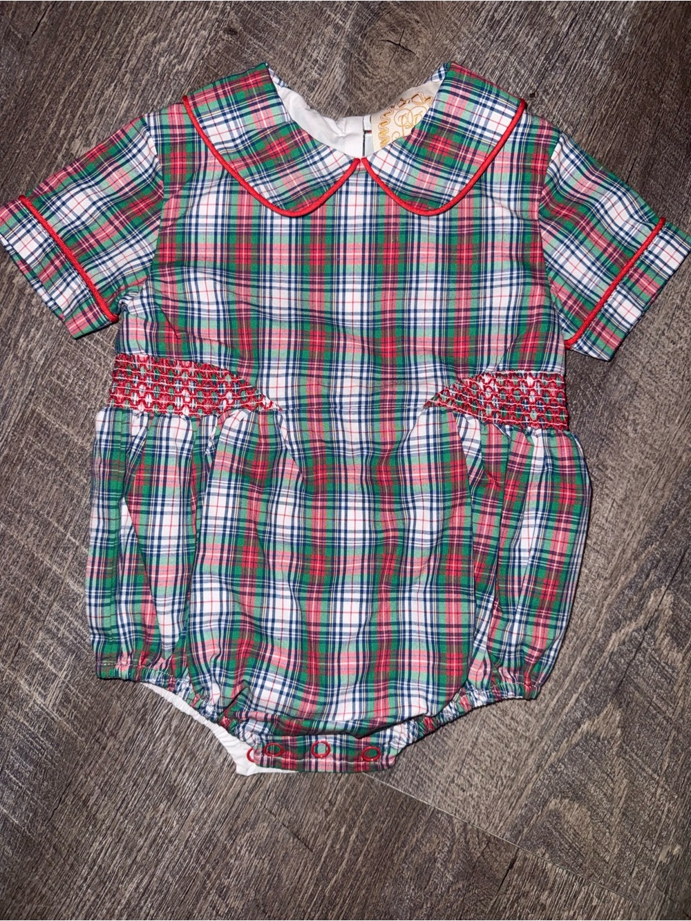The Beaufort Bonnet Company Red, Green & White Plaid Button Romper